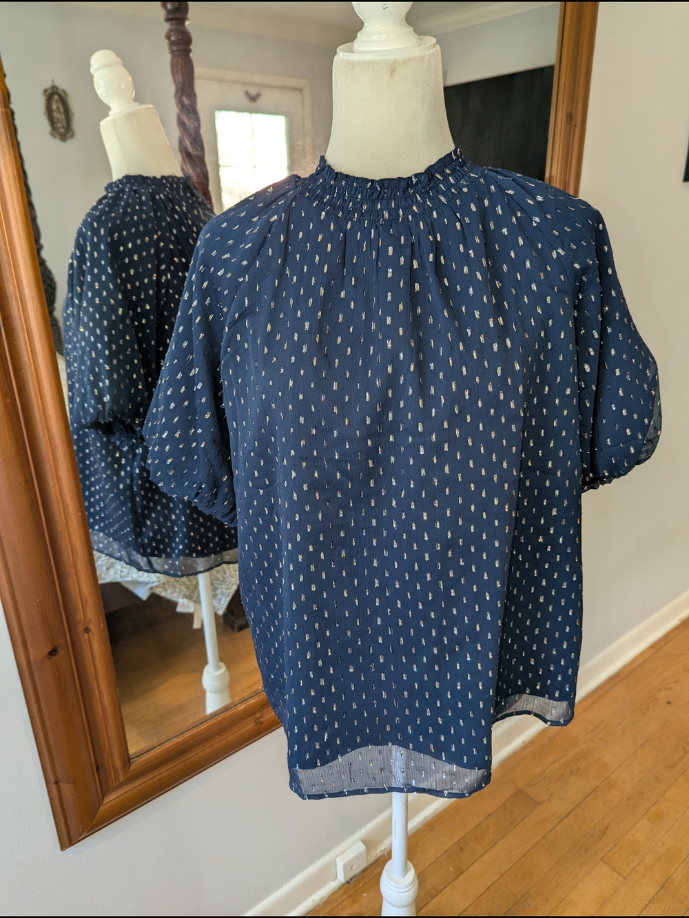 Navy Metallic Dot Smocked Neck Blouse